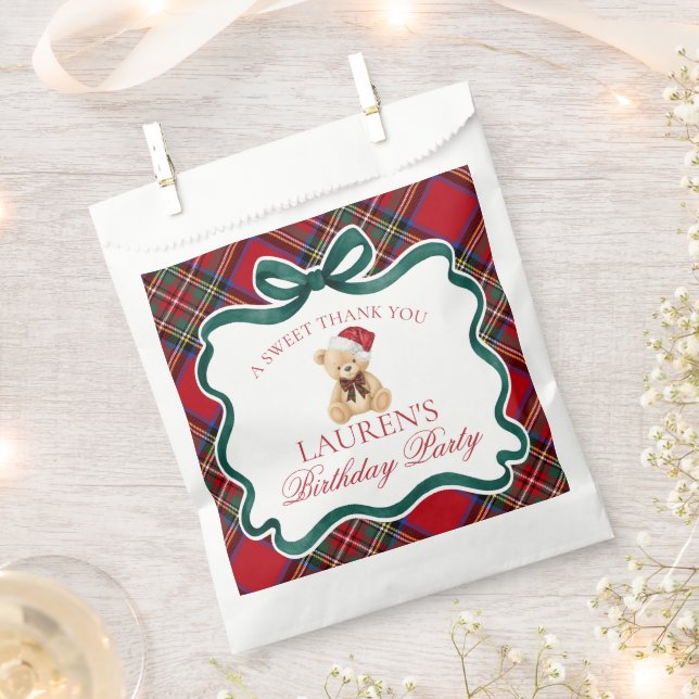 Bolsa De Papel Red Tartan Plaid Christmas Bear Birthday Dessert (Cortado)