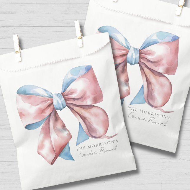 Bolsa De Papel Revelación De Género De Bow Rosado Y Azul (Pink And Blue Bow Gender Reveal Favor Bag )