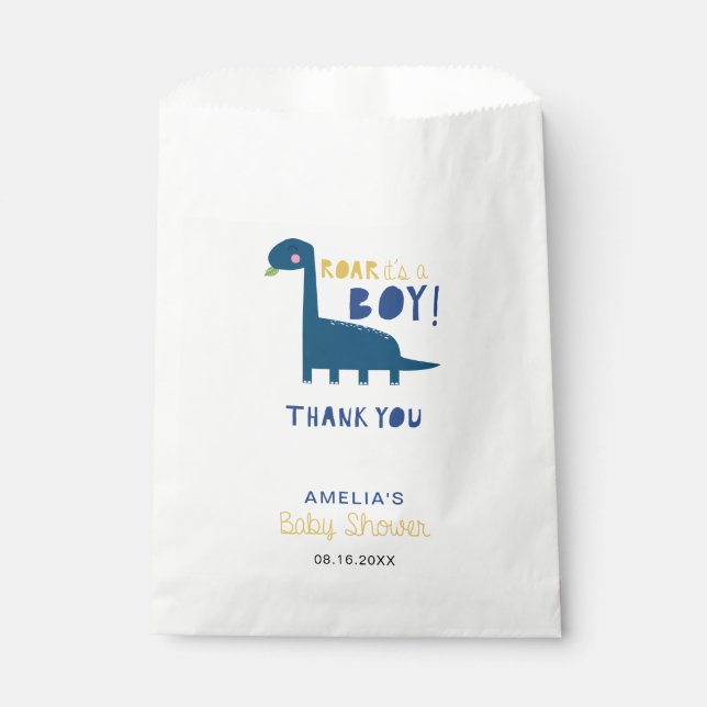 Bolsa De Papel Roar es un niño azul dinosaurio bebé ducha lindo (Anverso)