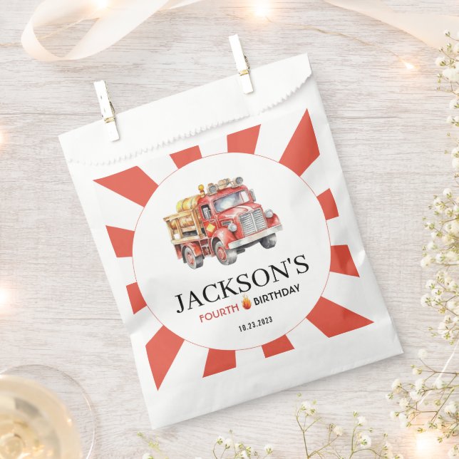 Bolsa De Papel Rojo lindo camión de bomberos niños fiesta de cump (Cortado)