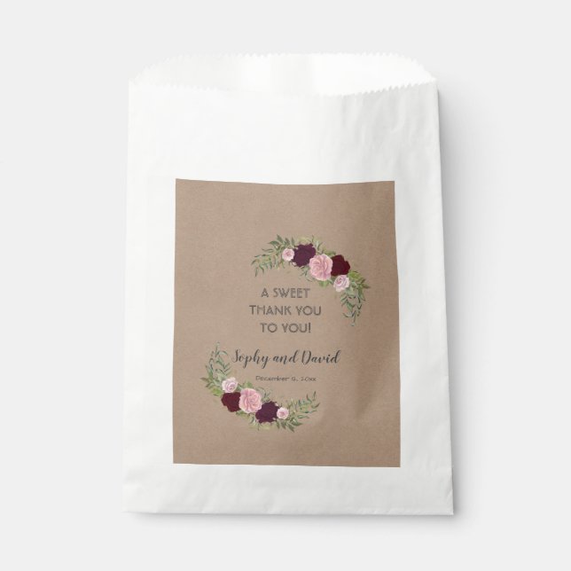Bolsa De Papel Romántico, Rústico Boda Floral Marsala GRACIAS (Anverso)