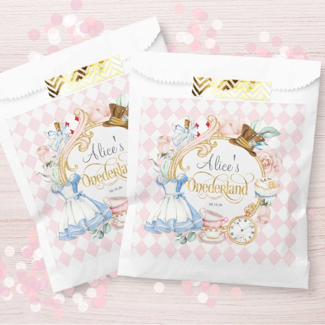 Bolsa De Papel Rosa, Alice Polonia, Chica de primer cumpleaños (Pink, Alice Onederland, girl 1st birthday snack paper bags.)