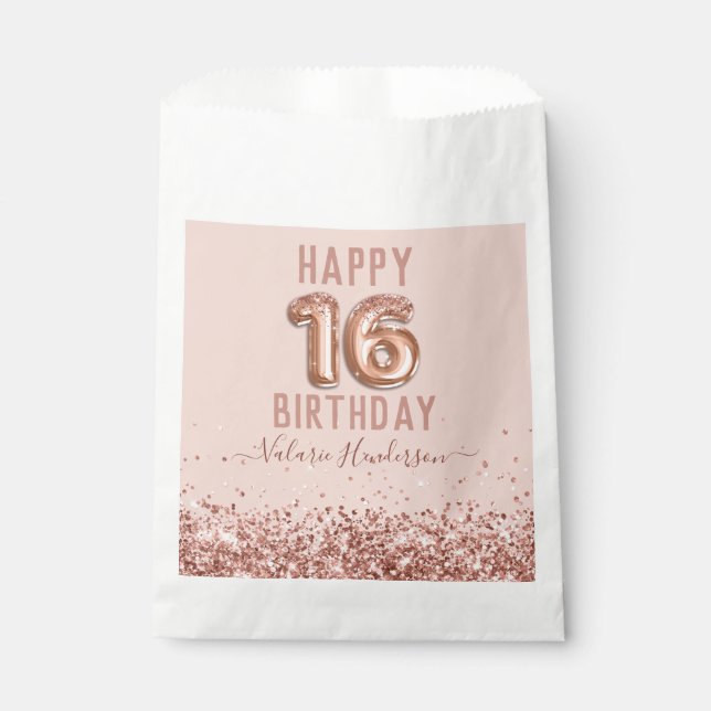 Bolsa De Papel Rosa Gold Pink Happy 16th Birthday (Anverso)