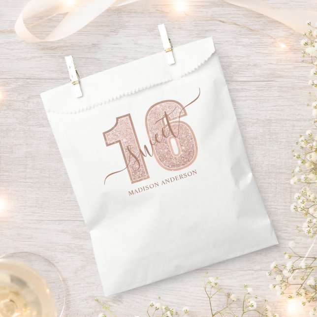 Bolsa De Papel Rosa Purpurina de oro Script Dulce 16 Cumpleaños (Cortado)
