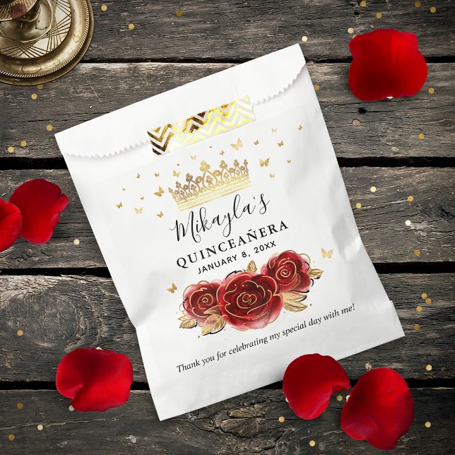 Bolsa De Papel Rosa Roja Oro Negro Elegante Quinceañera Gracias (Elegant red and gold personalized thank you favor bags for your guests!)