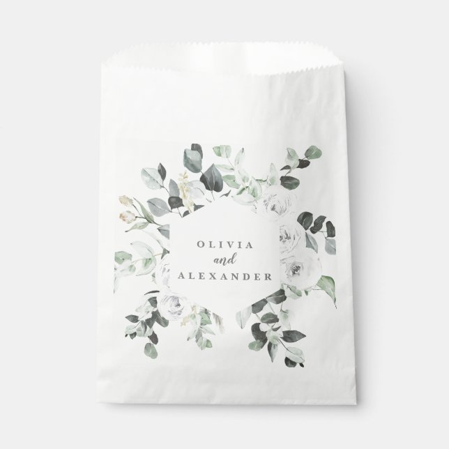Bolsa De Papel Rosas blancas y verde boda floral monograma F (Anverso)