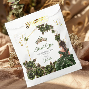 Bolsa De Papel Rosas de Quinceañera Tiara Dorada Verde Esmeralda