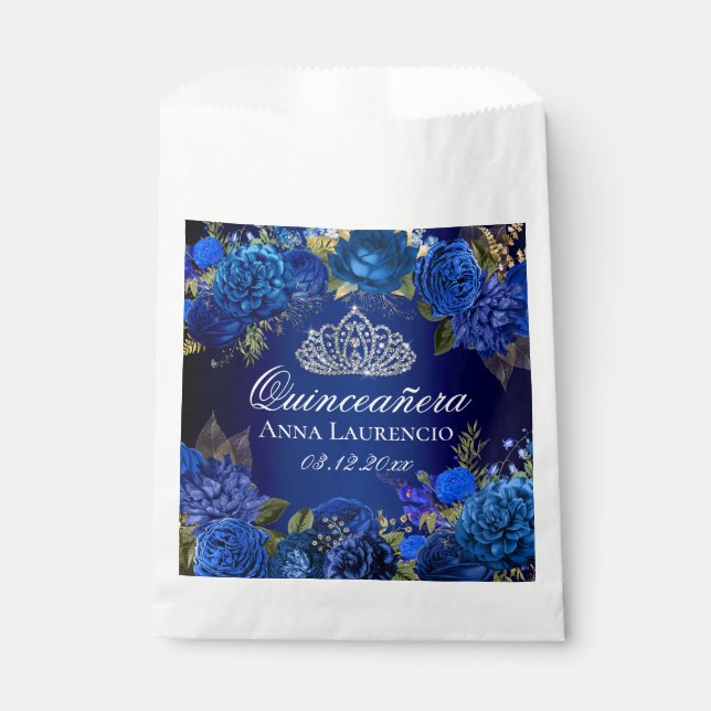 Bolsa De Papel Rosas Florales Azules Quinceanera Fiesta (Anverso)