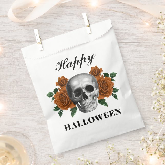 Bolsa De Papel Rosas góticos y cráneo Feliz Halloween (Cortado)