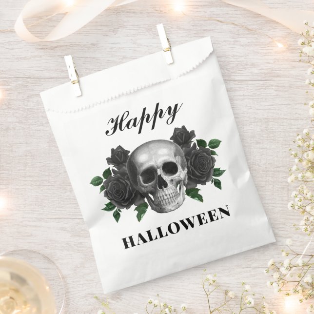Bolsa De Papel Rosas negros góticos y cráneo feliz Halloween (Cortado)