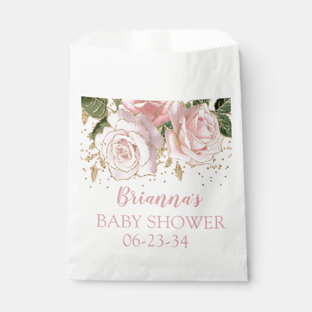 Bolsa De Papel Rosas Purpurinas de oro rosado Baby Shower (Anverso)