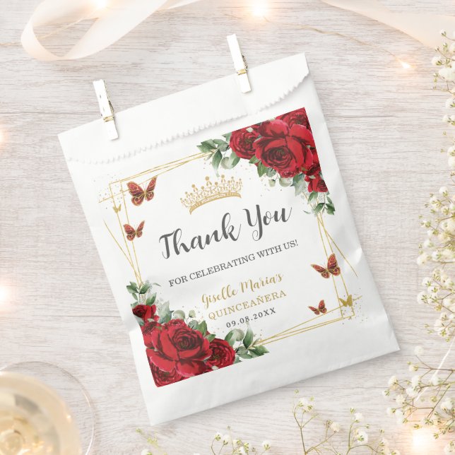 Bolsa De Papel Rosas Rojas Mariposas Florales Quinceañera Cumplea (Cortado)