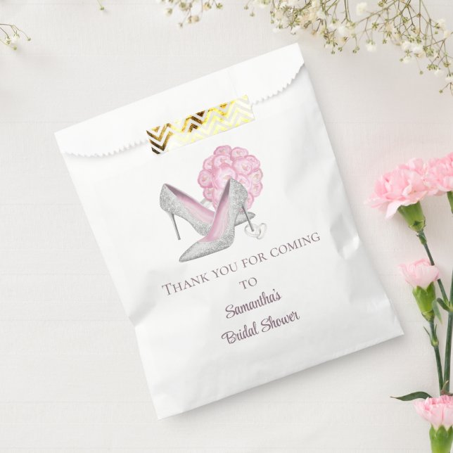 Bolsa De Papel Rosas rosadas personalizadas con tacones de plata  (Sellado)
