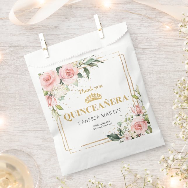 Bolsa De Papel Rosas rosadas rusas boho de oro quinceanera (Cortado)