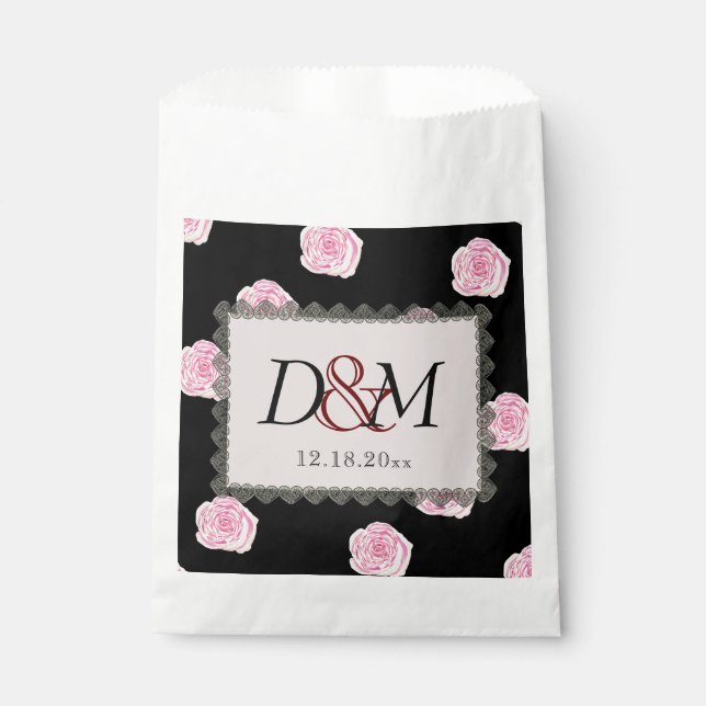 Bolsa De Papel Rosas rosados de col y Boda de encaje negro (Anverso)