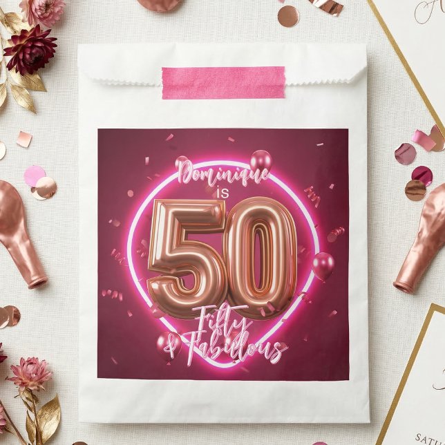 Bolsa De Papel Rose Gold Balloon Neon Hot Pink 50th Birthday (Subido por el creador)