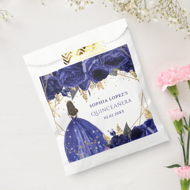 Bolsa De Papel Royal Blue Gold Floral Princess Quinceañera   (Sellado)