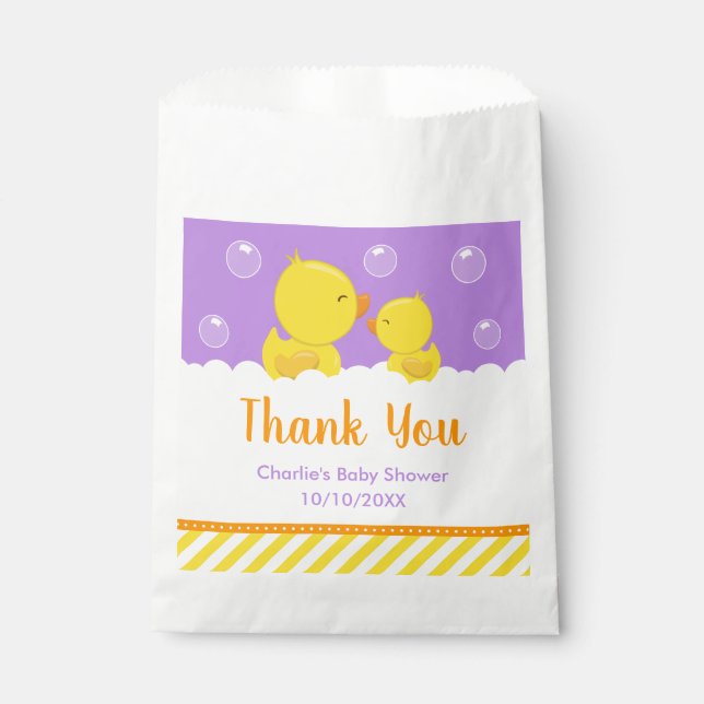 Bolsa De Papel Rubber Ducky Baby Shower Yellow Purple Gracias (Anverso)