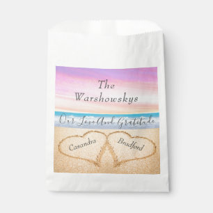 Bolsa De Papel Rubor Pink Purple Beach Wedding con dos corazones