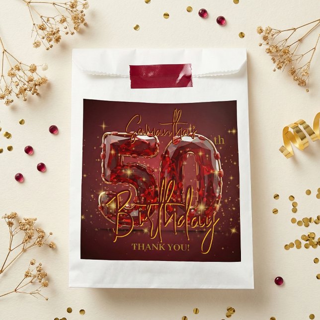 Bolsa De Papel Ruby Red Gemstone Gold 50th Birthday Thank You (Subido por el creador)