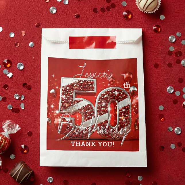 Bolsa De Papel Ruby Red Silver Glitter Balloons 50th Birthday (Subido por el creador)