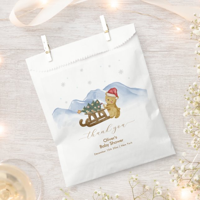 Bolsa De Papel Rustic Winter Mountain Sleigh Bear Baby Shower  (Cortado)