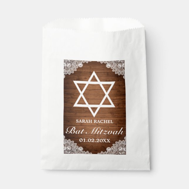 Bolsa De Papel Rustic Wood & White Lace Bar Bat Mitzvah (Anverso)