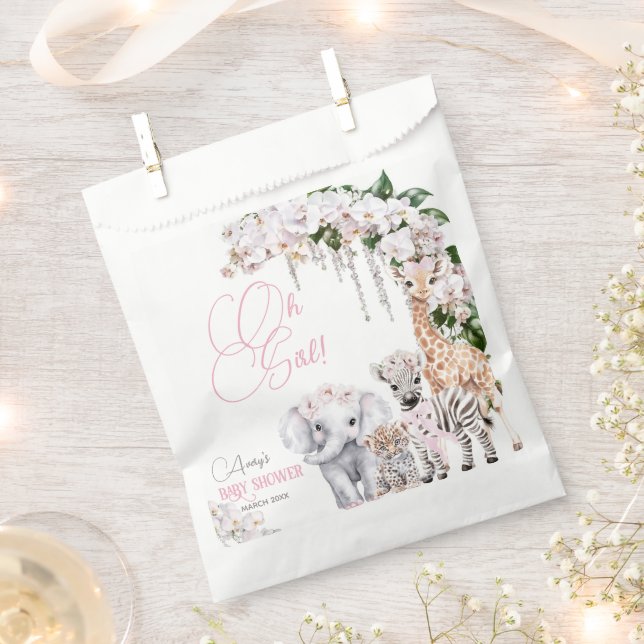 Bolsa De Papel Safari Animal Tropical Flor Rosa Baby Shower (Cortado)