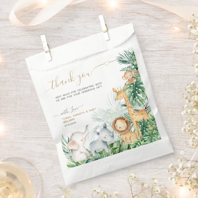 Bolsa De Papel Safari Baby Animals Green Baby Shower Gracias (Cortado)