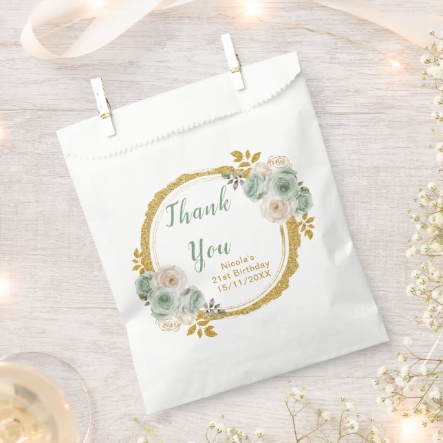 Bolsa De Papel Sage Green and Gold Elegant Flowers Birthday Party (Cortado)