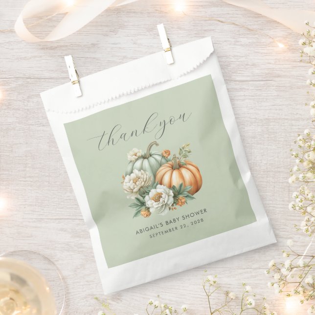 Bolsa De Papel Sage Green Pumpkin Fall Baby Shower Gracias (Cortado)