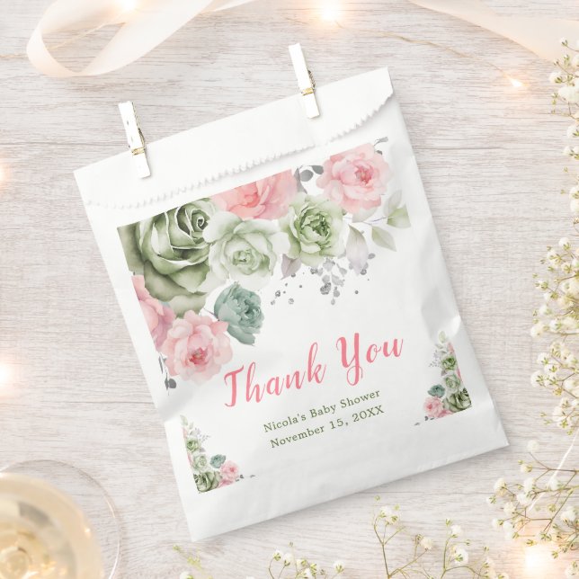 Bolsa De Papel Sage Green y Pink Floral Baby Shower (Cortado)