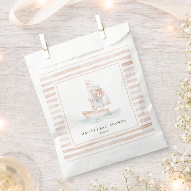 Bolsa De Papel Sailor Bear Tan Stripe Baby Shower (Cortado)