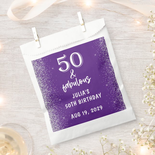 Bolsa De Papel Silver Glitter Purple 50th Birthday Party (Cortado)