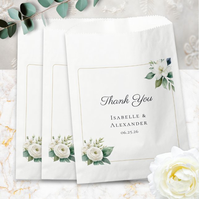 Bolsa De Papel Simple Elegant Floral Personalized Wedding (Elegant wedding favor bags with classic white flowers, personalized with names and wedding date)