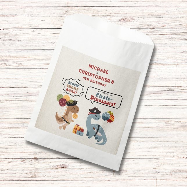Bolsa De Papel Stomp Chomp Roar Pirate Dinosaur Twin Boy Cumpleañ (Chomp Stomp Roar with these adorable Pirate-Dinosaurs to celebrate your twin boys birthday!)