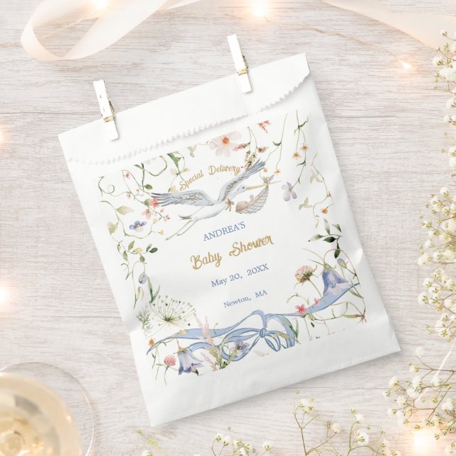 Bolsa De Papel Stork Wildflower Ribbon Baby Shower (Cortado)