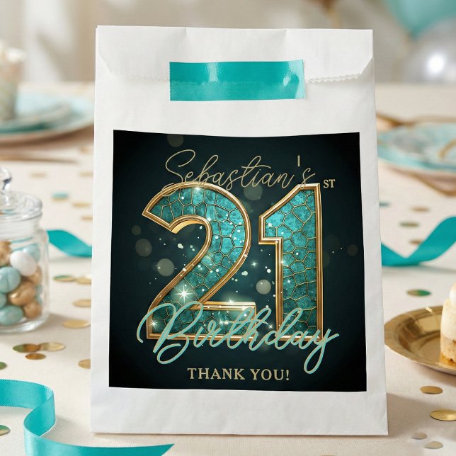 Bolsa De Papel Stylish Teal Gold Mosaic Geometric 21st Birthday (Subido por el creador)