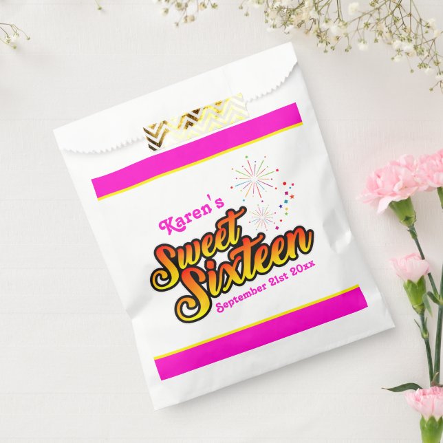 Bolsa De Papel Su nombre y fecha rosado y dulce amarillo dieciséi (Sellado)