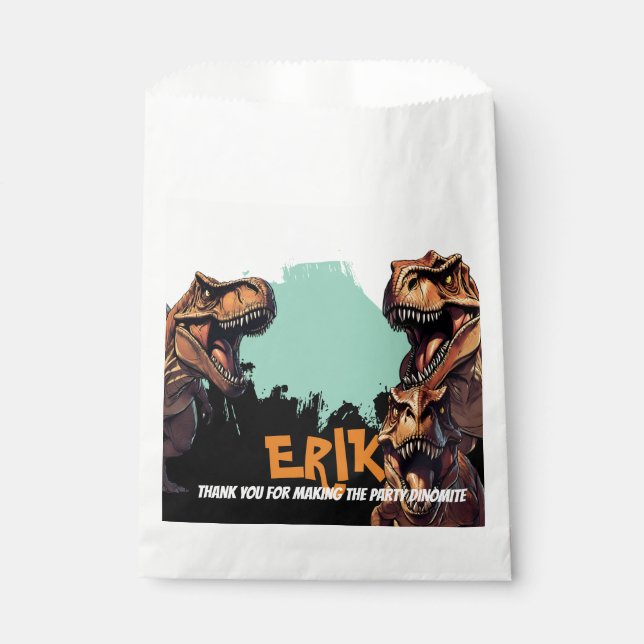 Bolsa De Papel T-Rex Roar Cumpleaños Personalizado de Dinosaurios (Anverso)