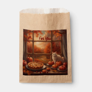 Bolsa De Papel Tarta fresca en la encimera Gato y calabazas