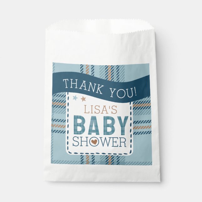 Bolsa De Papel Tartan Teddy Bear, Baby Boy Shower Customizable (Anverso)