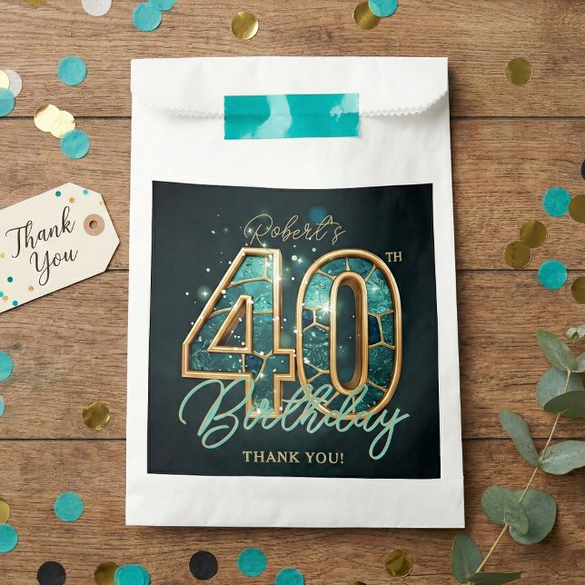 Bolsa De Papel Teal Gold Agate Men 40th Birthday Party Thank You (Subido por el creador)