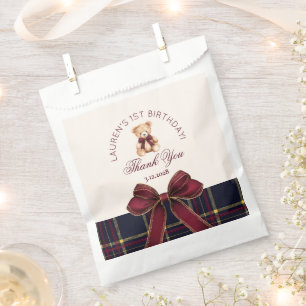 Bolsa De Papel Teddy Bear Beary 1er cumpleaños Bow Plaid Gracias