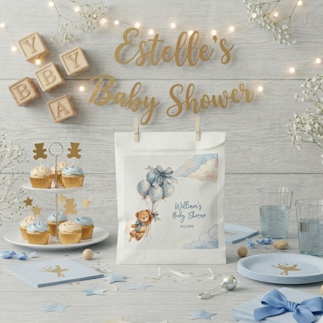 Bolsa De Papel Teddy Bear Blue Balloons Clouds Baby Boy (Subido por el creador)