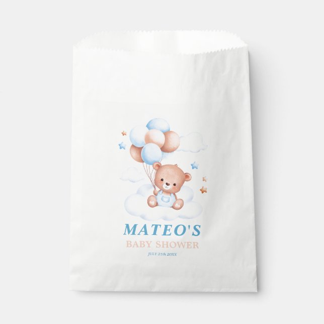 Bolsa De Papel Teddy Bear Blue Tan Balloon Decoración Baby Shower (Anverso)