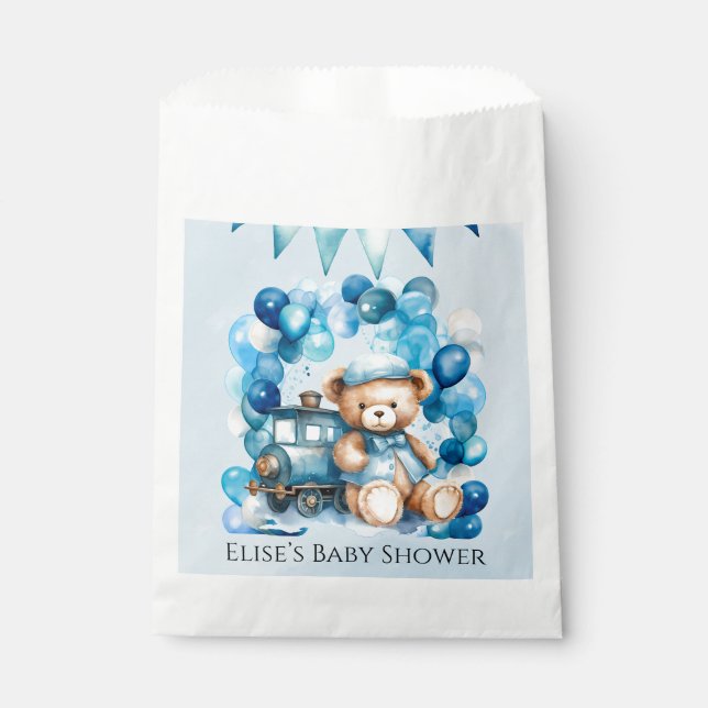 Bolsa De Papel Teddy Bear Blue Train Boy Baby Shower (Anverso)