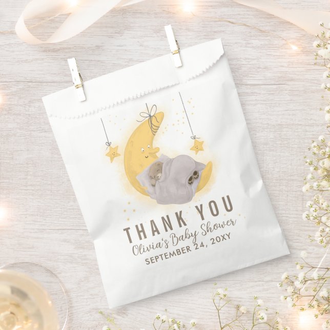 Bolsa De Papel Teddy Bear Moon Neutral Baby Shower Gracias (Cortado)