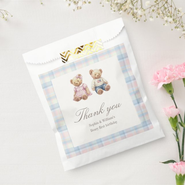 Bolsa De Papel Teddy bear Twins Beary First Birthday Favor Bags (Sellado)
