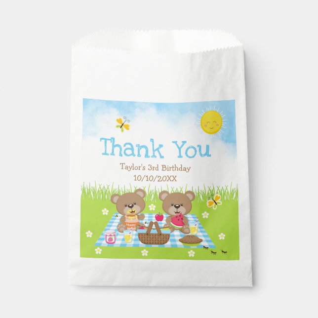 Bolsa De Papel Teddy Bears Picnic Birthday Blue Gingham Gracias (Anverso)